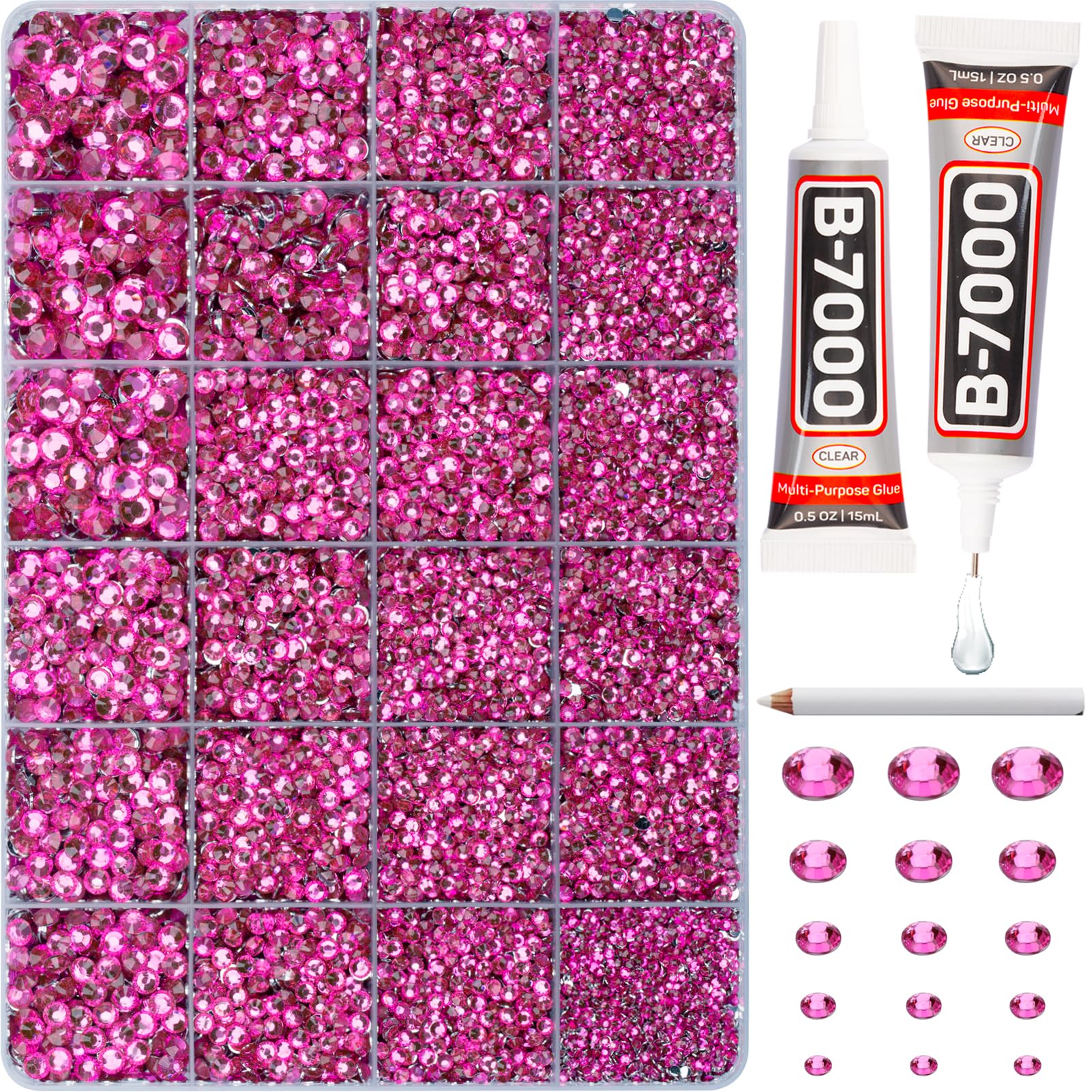 Photo 1 of 20100Pcs Hot Pink Rhinestones Flatback with b7000 Glue for Crafts Crafting Clothing Clothes Fabric Jerseys, Flat Back Crystals Gems Kit, Diamonds Multi Sizes 2-6mm