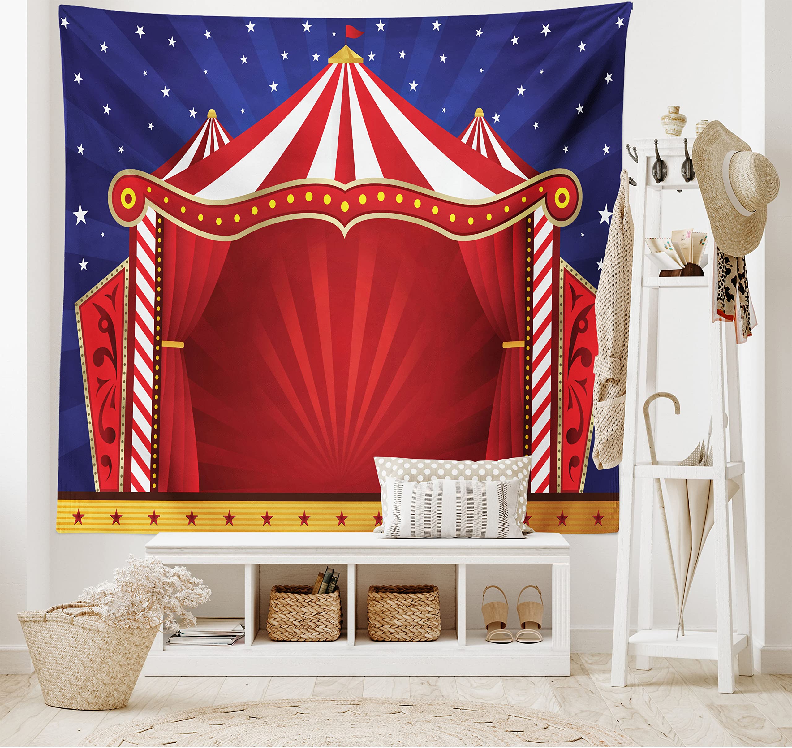 ABAKUHAUS Circus Tapestry, Canvas Tent Circus Stage Performing Theater Jokes Clown Cheerful Night Theme, Fabric Wall Hanging Decor for Bedroom Living Room Dorm, 90 W X 54 L, Blue Vermilion Red