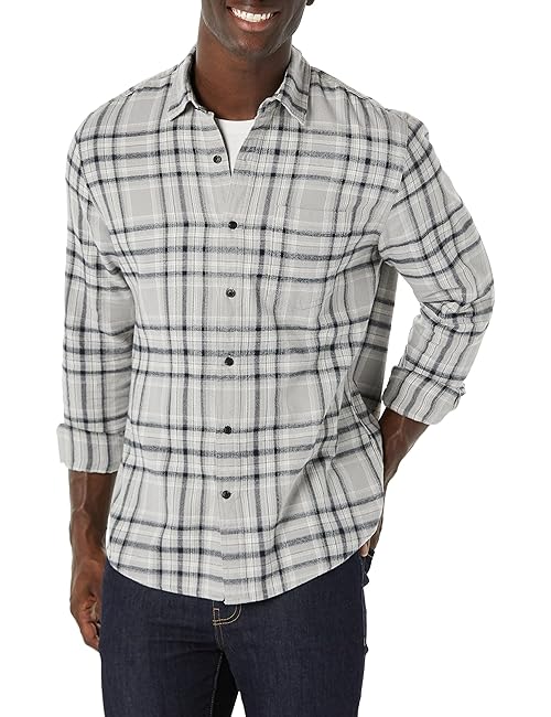 Amazon Essentials Men's Long-Sleeve Flannel Shirt (Available in Big & Tall), Black Light Grey Plaid, XX-Large