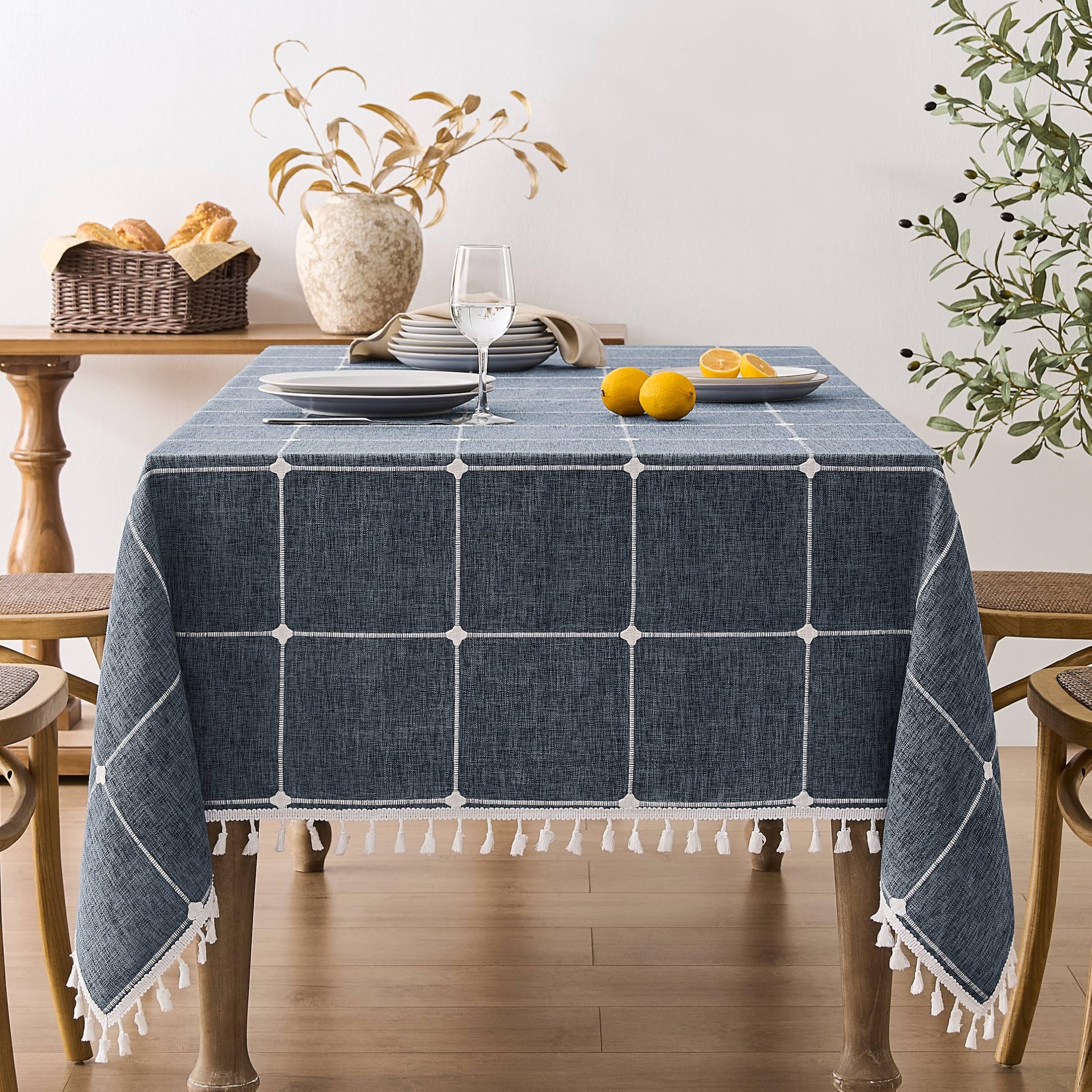 ZeeMart Boho Grid Table Cloth with Tassels (Navy Blue, 60" x 120"), Heavy Weight Linen Checked Embroidered Farmhouse Tablecloth, Water Resistant Rectangle Dark Blue Tablecloths Image