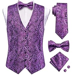 Hi-Tie Men's Black and Purple Suit Vests Tie and
