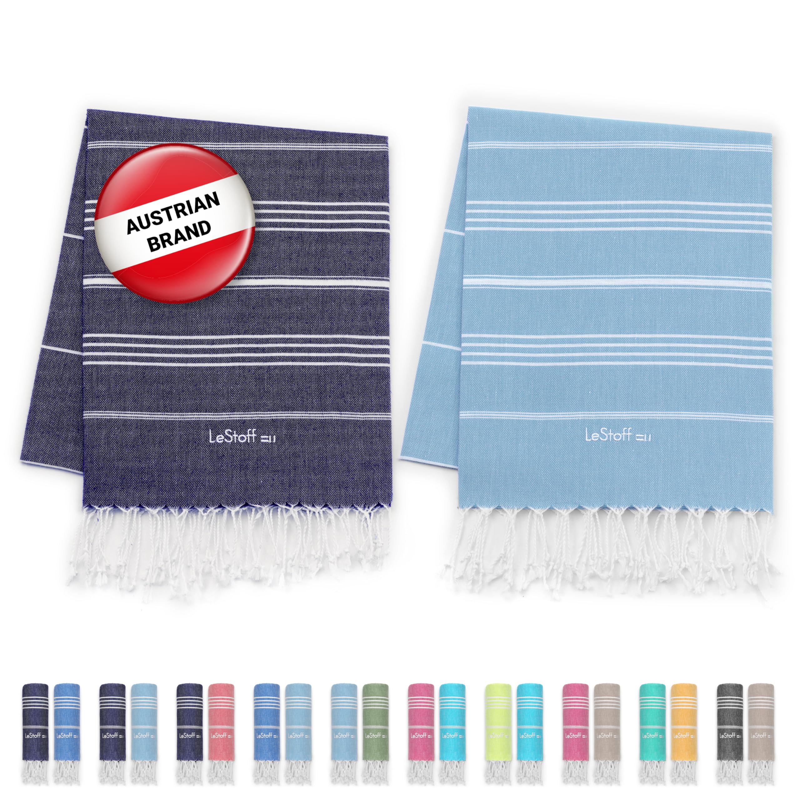 LeStoff Premium Hammam Towel (Set of 2) – 100% Organic Cotton - Pre-washed Sustainable Absorbent & Quick-Drying - Beach, Bath, Shower, Yoga, Spa & Travel Towel (95 x 180 cm, Navy - Light Blue)