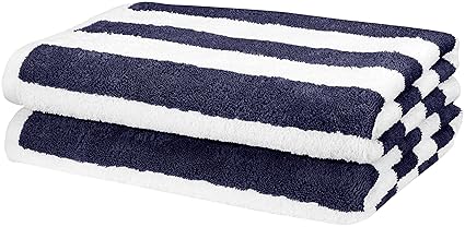 AmazonBasics 2 Piece Cotton Beach Towel, 60 x 30 (152.4 cm X 76.2 cm) - Cabana Stripe, Navy Blue