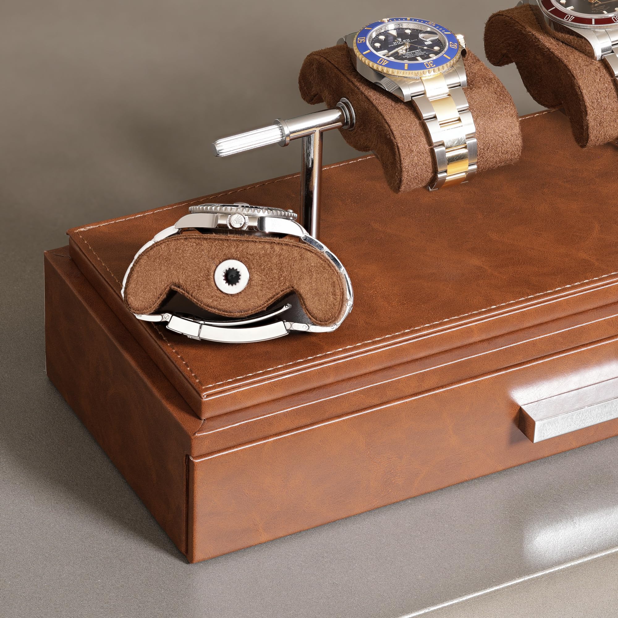 ROTHWELL Luxury Watch Display Case for 4 Watches – Leather Watch Box with Acrylic Cover and Removable Slide in Cushions – Accessory Drawer with Multiple Configurations (Tan/Brown)