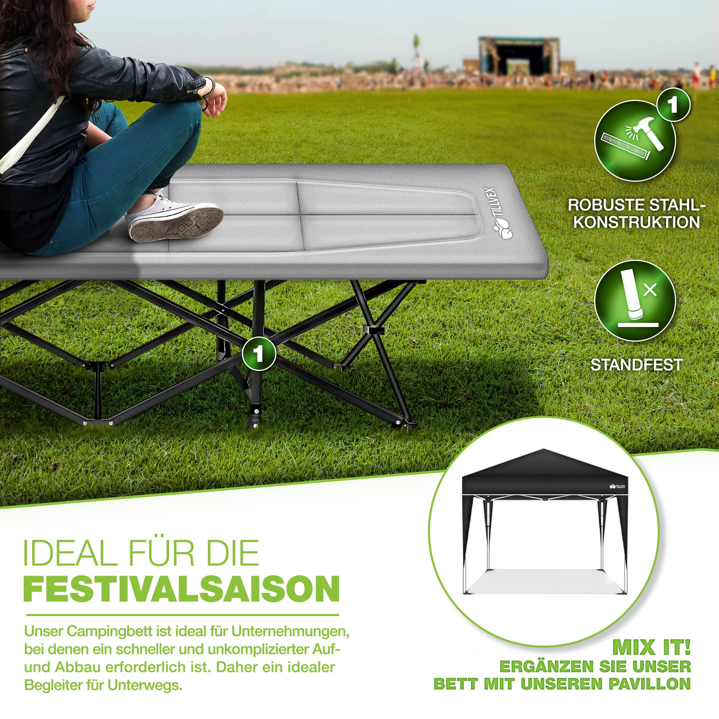 tillvex® Campingbett klappbar mit Tragetasche bis 200 kg | Campingliege extra breit | Feldbett Karpfenliege für Outdoor & Indoor | Klappbett Gästebett faltbar Garten Camping Angeln Festival Reise 5