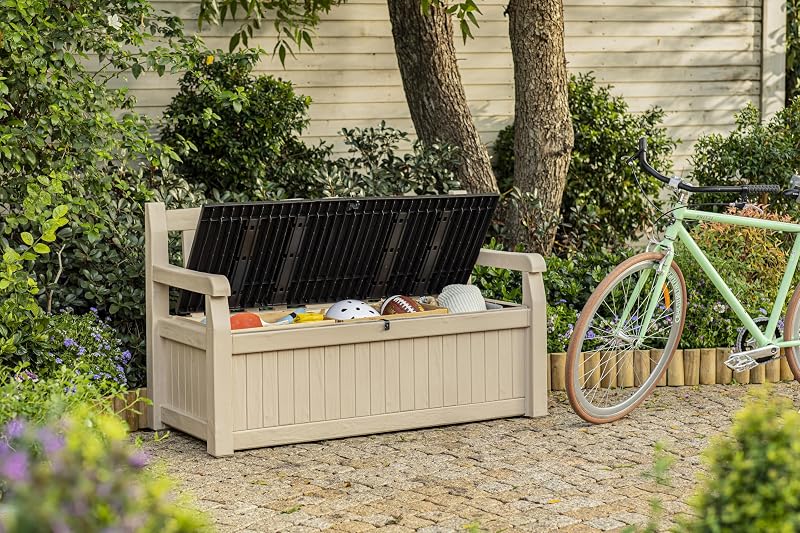 Cassapanca Contenitore Eden con Capacità di 265 Litri in Resina, Resistente agli agenti atmosferici, Colore Beige/Marrone, 140 x 60 x 84 cm