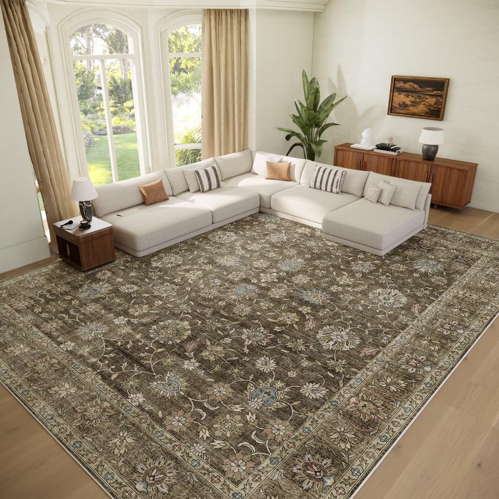 Photo 1 of Washable 9x12 Area Rugs for Living Room, Boho Non-Slip Vintage Distress Lager Rugs for Bedroom Dining Room Nursery Office, 0.3" Neutral Oriental Throw Thin Carpet, Tan/Flaxen/Multi