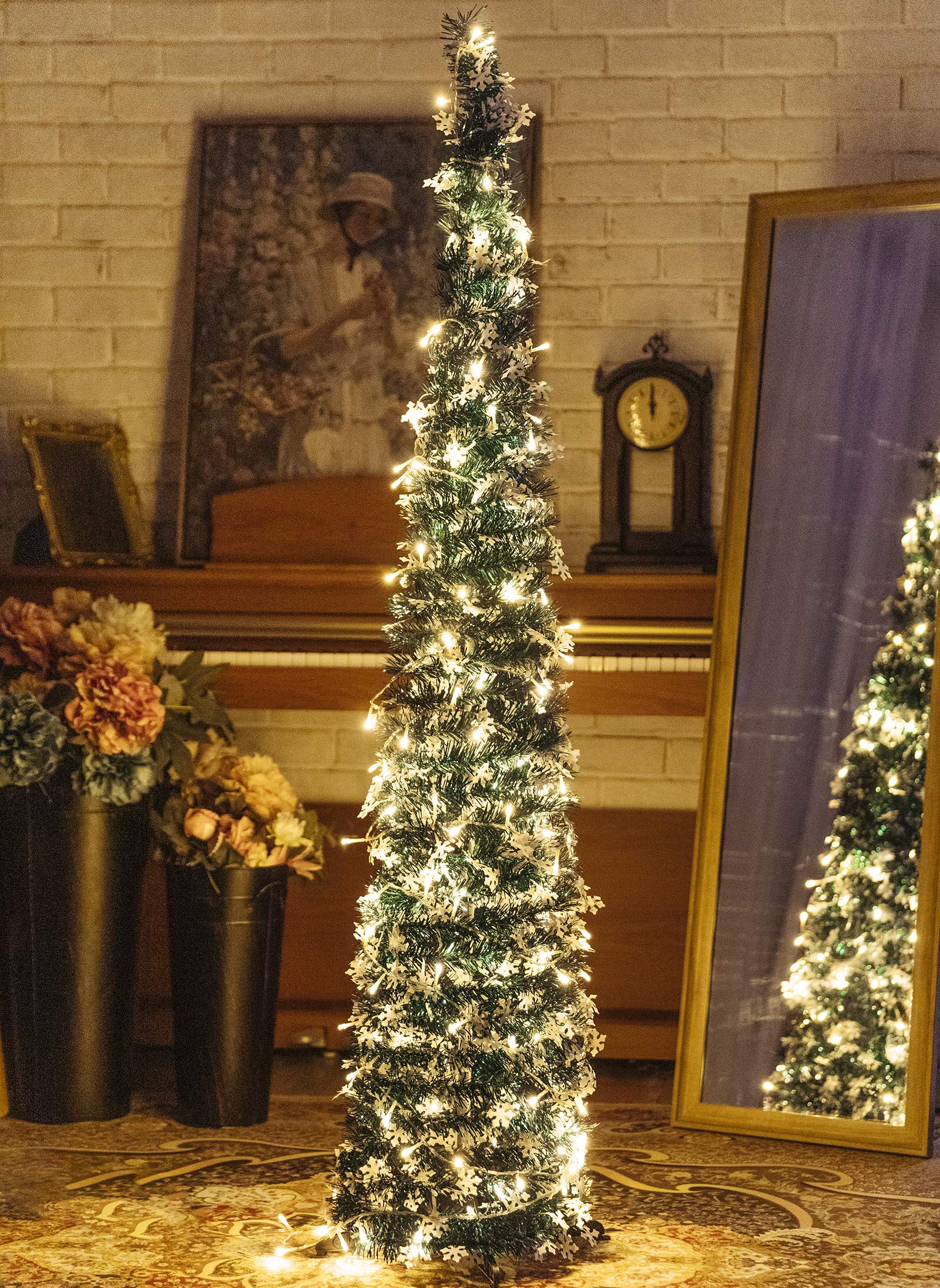 Photo 1 of Pop-Up Artificial Christmas Tree with 100LED Lights,Collapsible Pencil Christmas Trees for Holiday Carnival Party Christmas Decorations (Green)