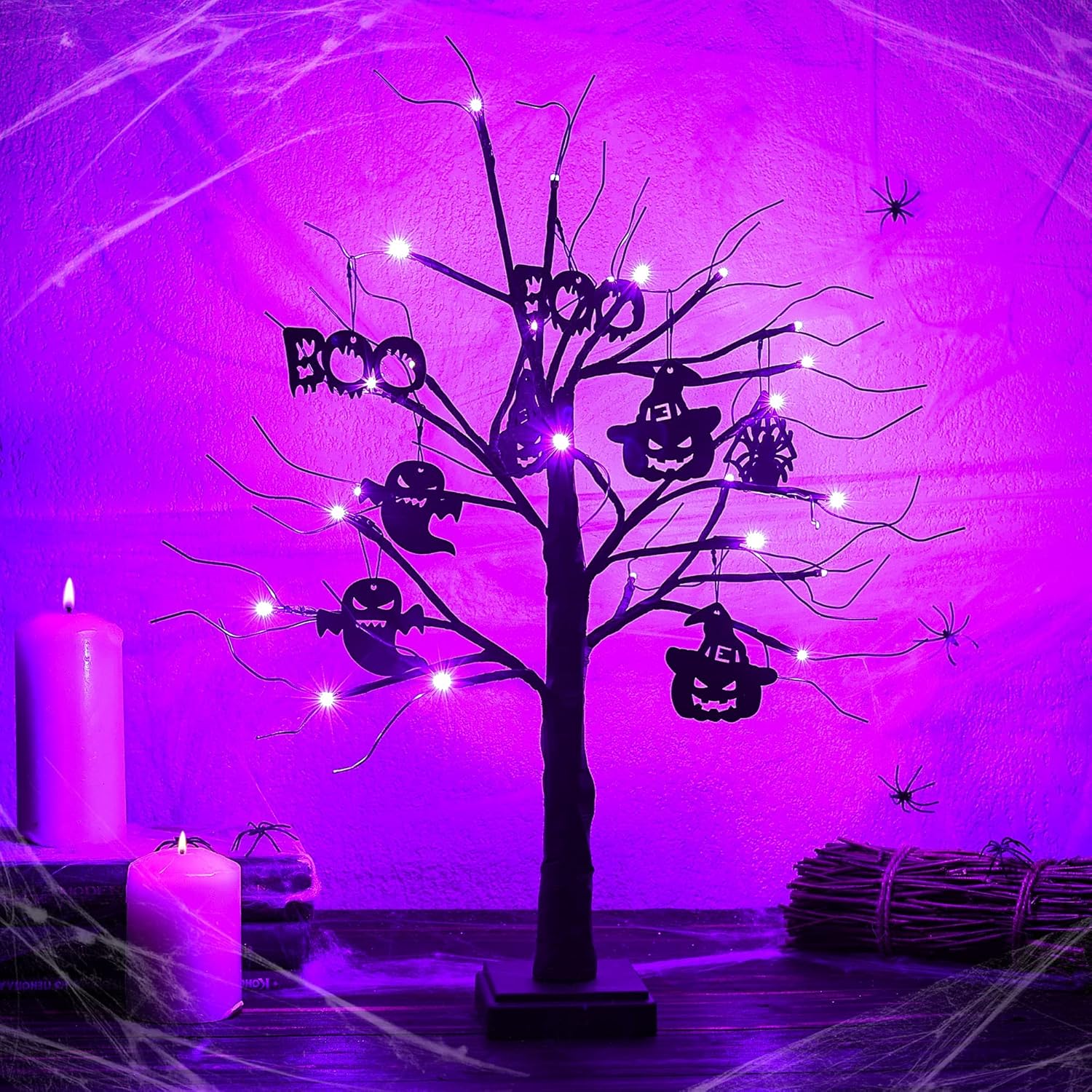Trees - Woohaha 2FT 24 LED Light Up Tree Tabletop Lighted Halloween Tree Battery Operated Halloween Table Lights Tree with 8 Pieces Black Wooden Ornaments for Indoor Home Bedroom Halloween Fall Decor(Purple)