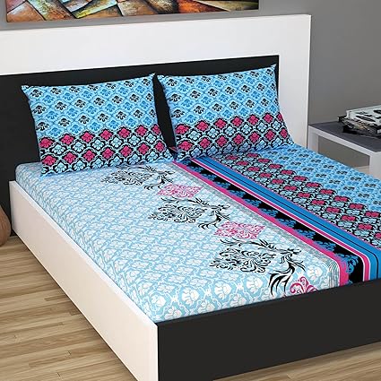 Divine Casa Cotton Premium 144 TC Double Bed Sheet with 2 Pillow Covers, Floral - Blue & Pink