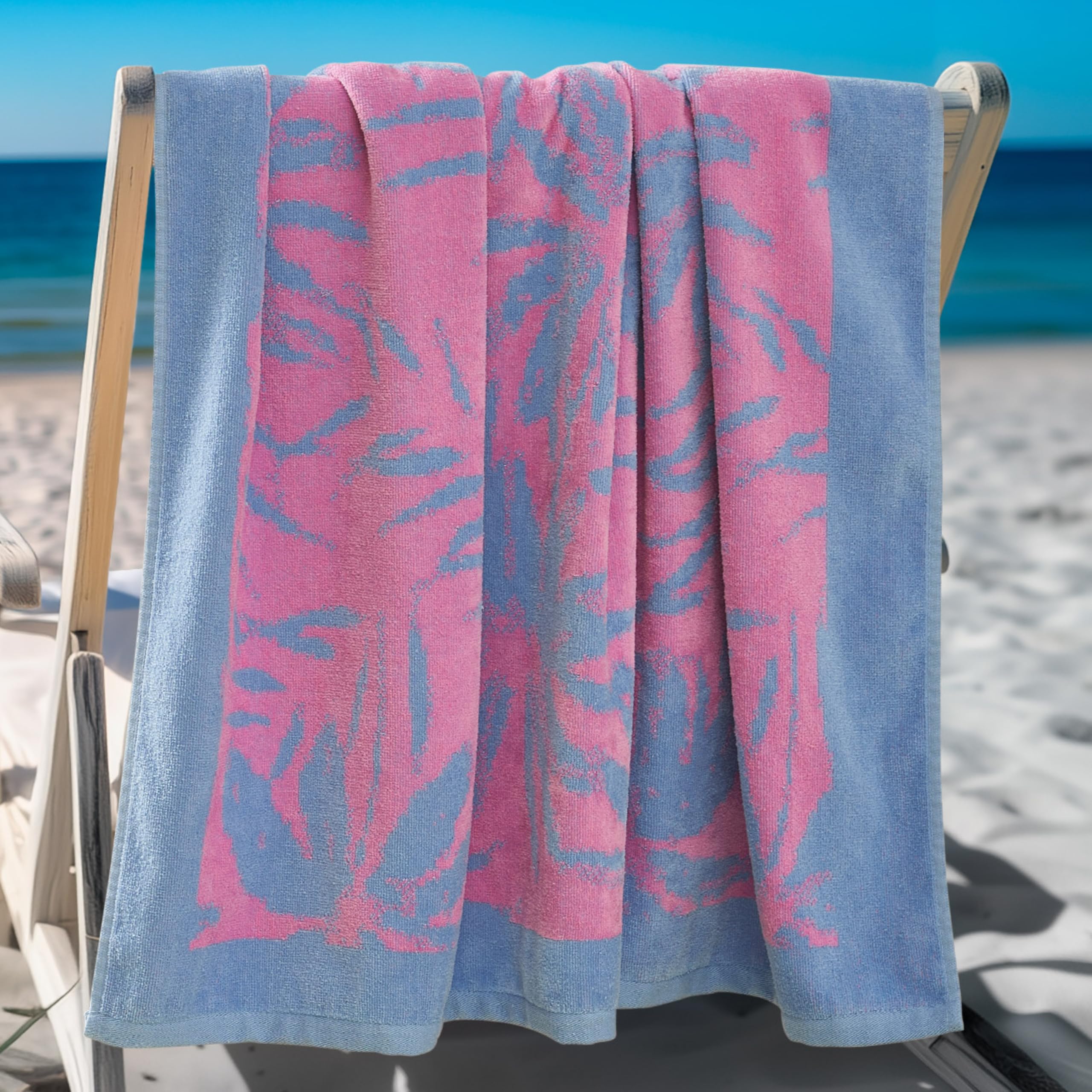 Photo 1 of Jessica Simpson Palm Bilss 36" x 72" 100% Cotton Oversized Beach Towel - Soft, Absorbent, and Quick-Drying, Perfect for Beach, Pool, or Travel