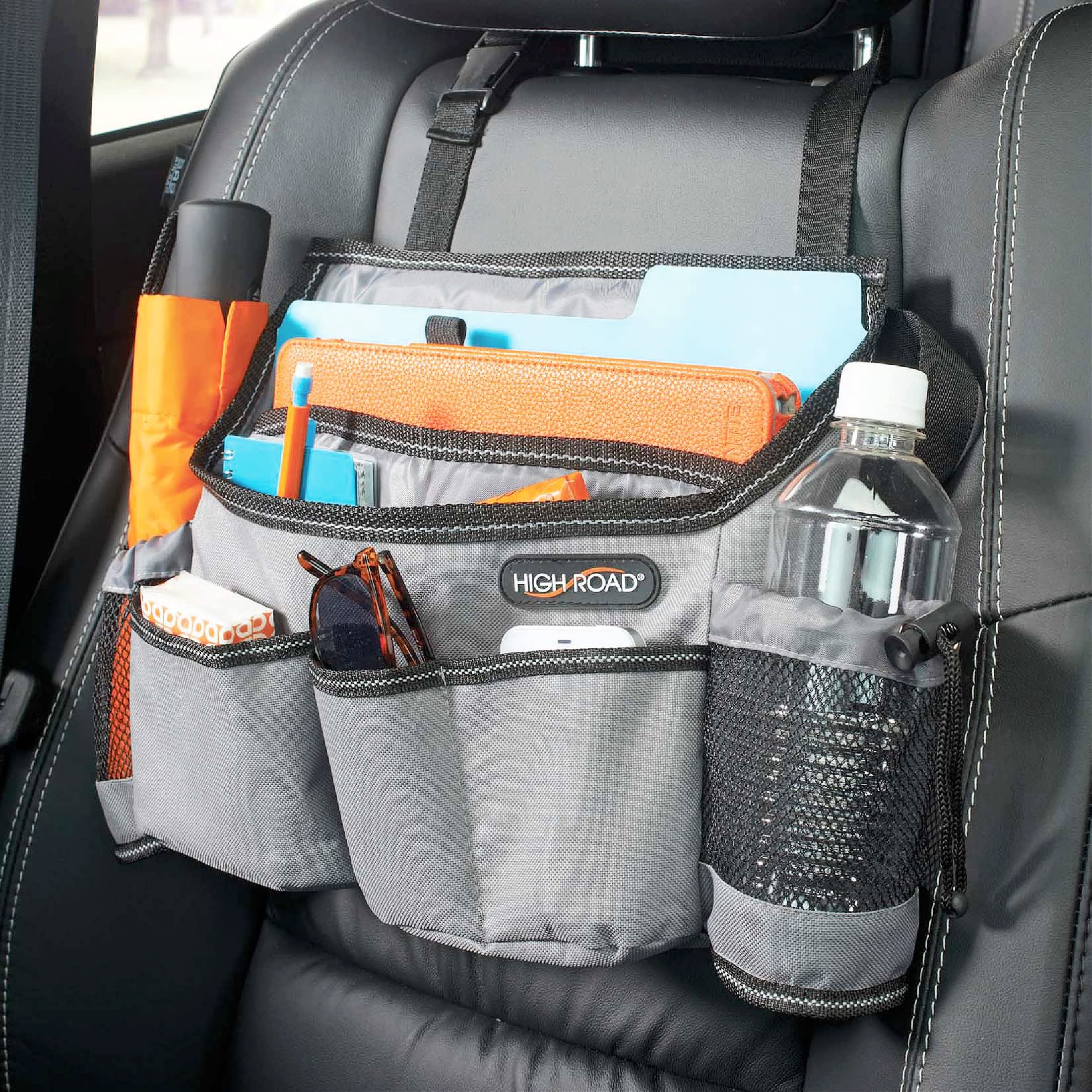 Organizador del asiento delantero del automóvil con funda para computadora portátil, portabotellas y 6 bolsillos