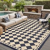 HUGEAR 8x10 Black Beige Checkered Waterproof Outdoor Rug for Patio | Reversible Plastic Straw, Waterproof, Easy to Hose Off Outdoor Rug for Patio, Deck, Backyard, Beach