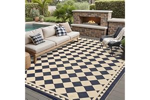HUGEAR Outdoor Rug for Patios Clearance,Waterproof Mat,Large Outside Carpet,Reversible Plastic Straw Camping Rugs,Rv,Porch,Deck,Camper,Balcony,Backyard (8x10,Checkered/Black&Beige)