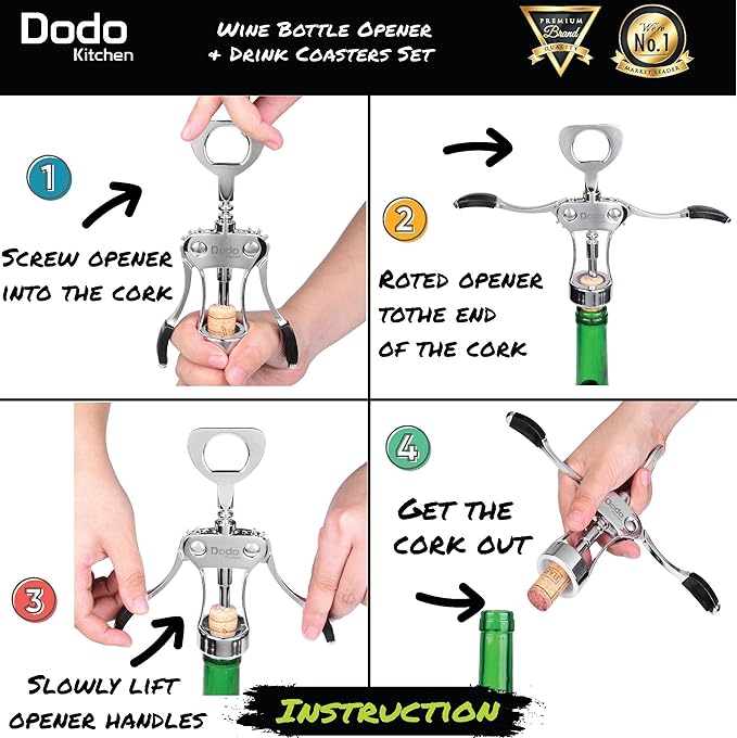 Stainless Steel Wine And Beer Bottle Opener 4 Drink Coasters By Dodo Kitchen Wing Corkscrew Multifunctional Gift Set