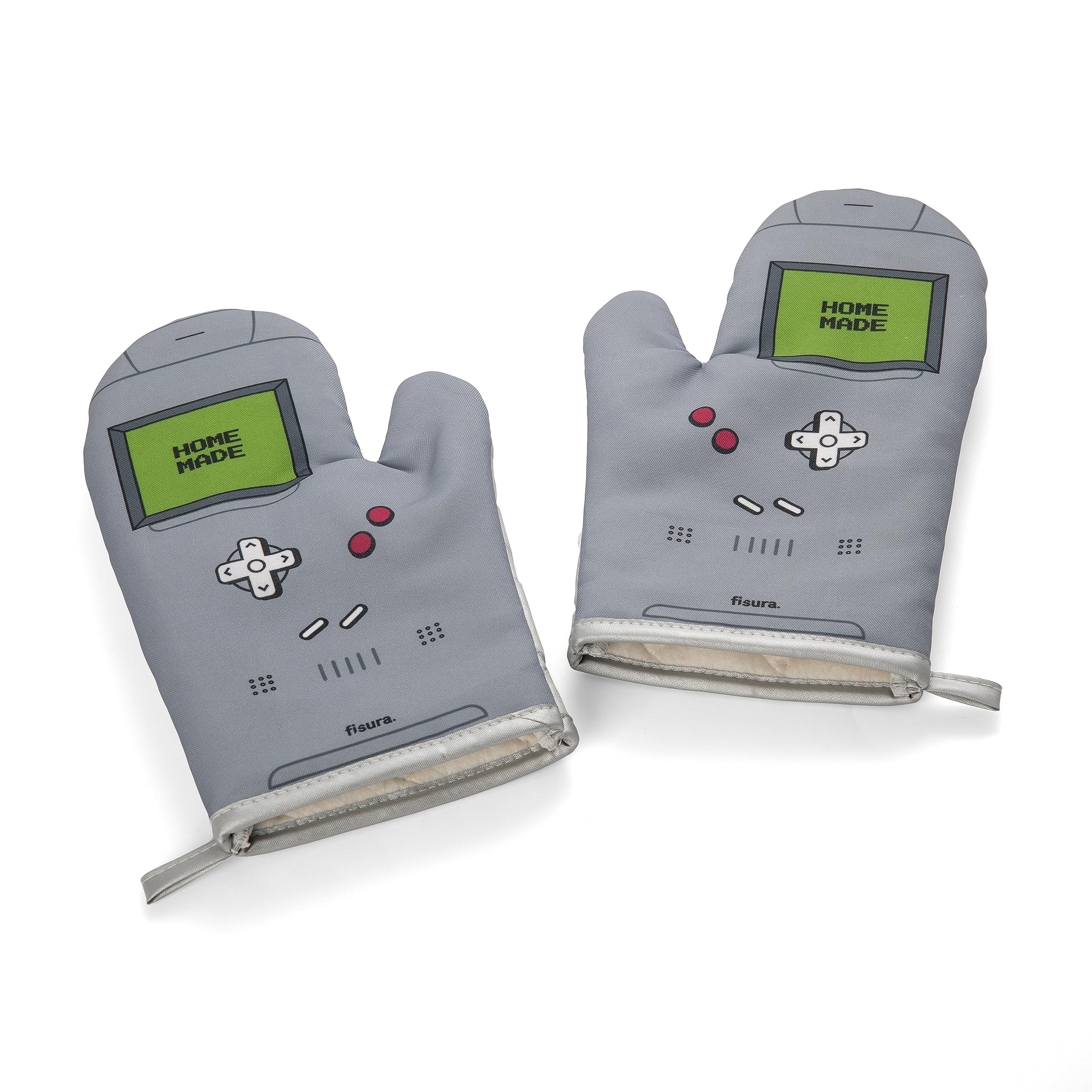 FISURA - Oven Mittens Oven Stamped. Original Oven Gloves. Fun Oven Mittens in cotton.14 x 30. Cotton and polyester (Gamer, grey)