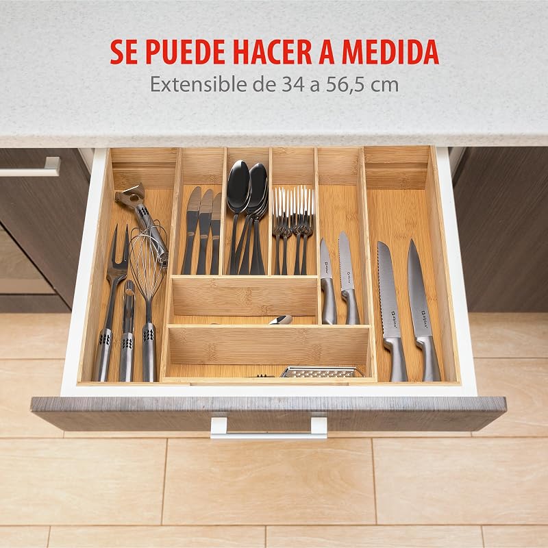 Organizador de gavetas - Talheres de gaveta de cozinha extensíveis 46x34-56,5x6 cm - Caixa organizadora de utensílios até 8 compartimentos - Para utensílios de cozinha, óculos de sol e mais - Bambu