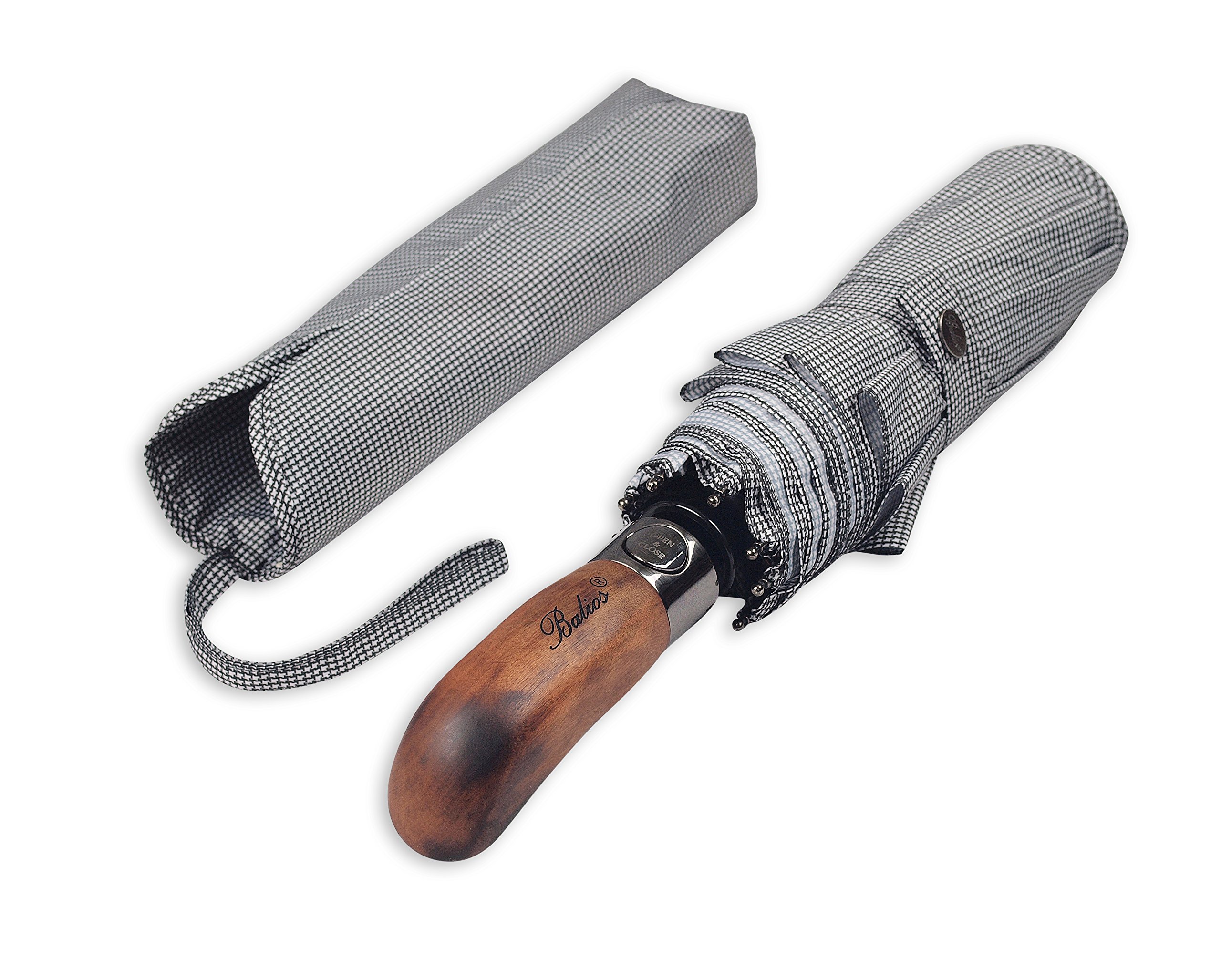 Balios (Designed in Britain) Umbrella Handmade Real Wood Handle -Auto Open & Close Windproof Strong Fiberglass Multi-Folding-Premium 300 Thread Finest Fabric (Black & White Houndstooth)
