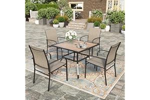 HERA'S HOUSE 5 Piece Patio Dining Set, 4 x Brown Textilene Dining Chair and 37" Square Wood-Like Dining Table with Umbrella Hole, Outdoor Table and Chairs Set for Lawn Garden Backyard Deck