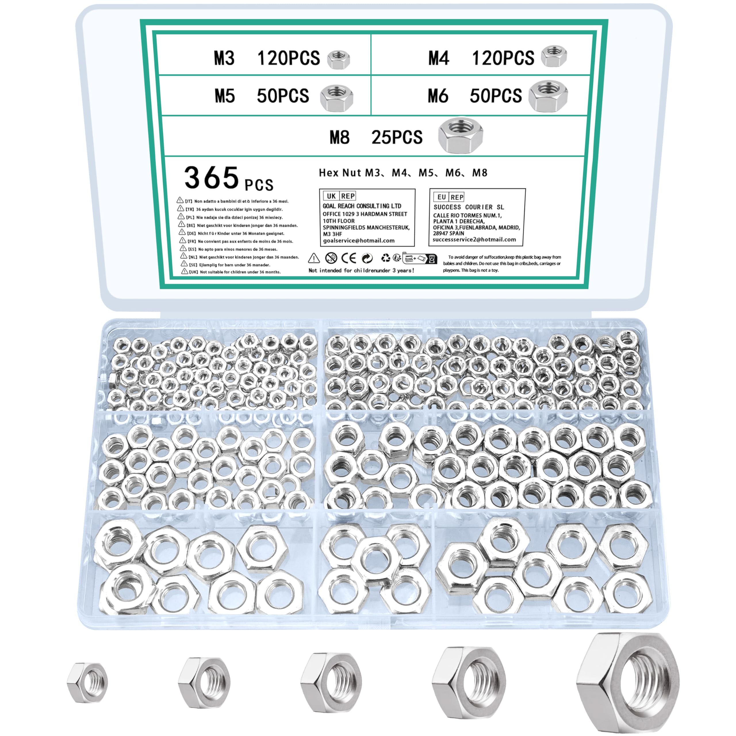 TOOINKCV 365 Pcs M3 M4 M5 M6 M8 Hex Nuts Set, Lock Nuts, Assorted Self Locking Nut Assortment, Locknuts, Metric Hex Full Standard Thread Carbon Steel Hexagon Nut