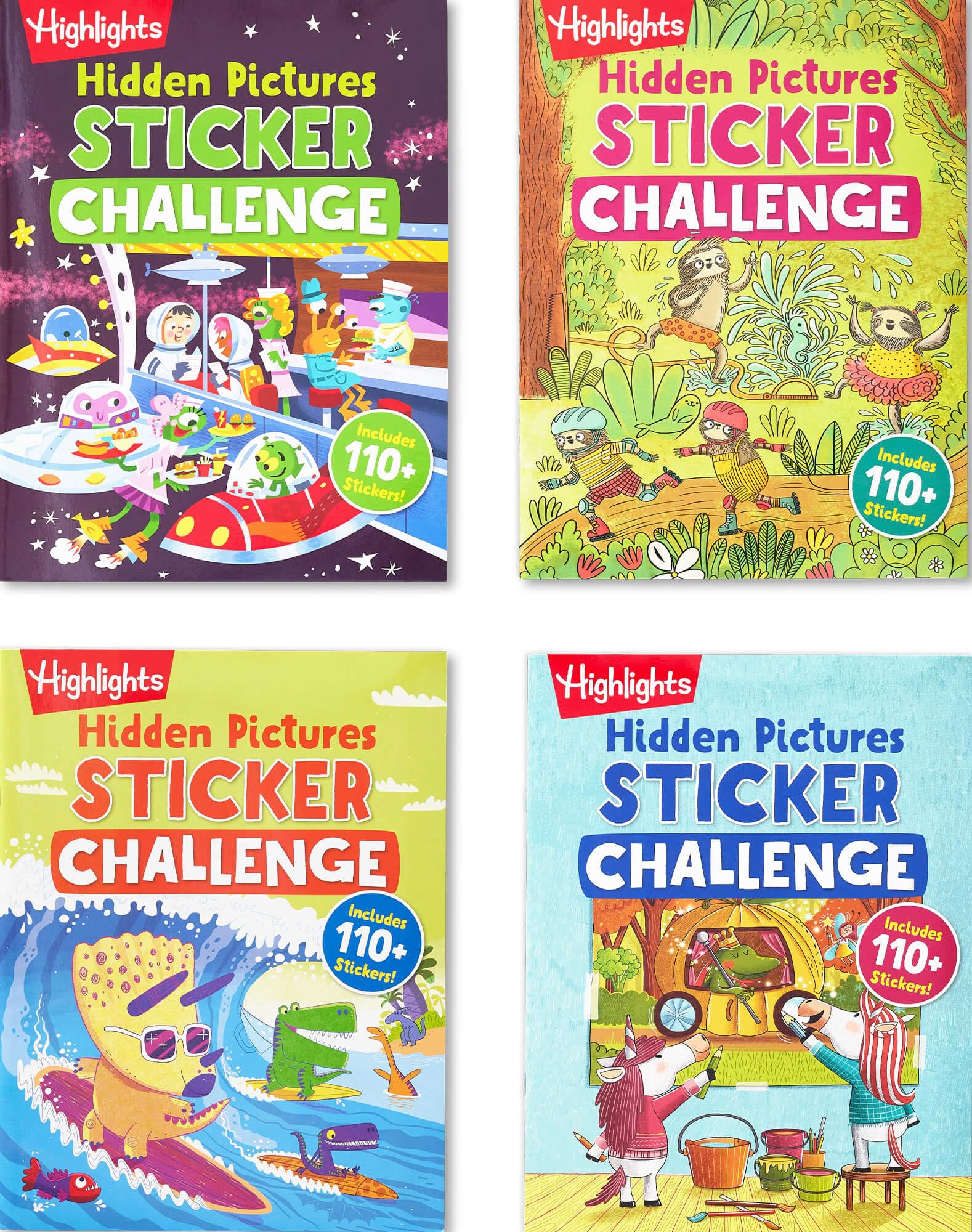 Highlights Hidden Pictures Sticker Challenge Sticker Book Set for Kids Ages 6 and Up, 4-Pack, 64 Pages of Seek and Find Activities, Double as Coloring Books, 440+ Stickers