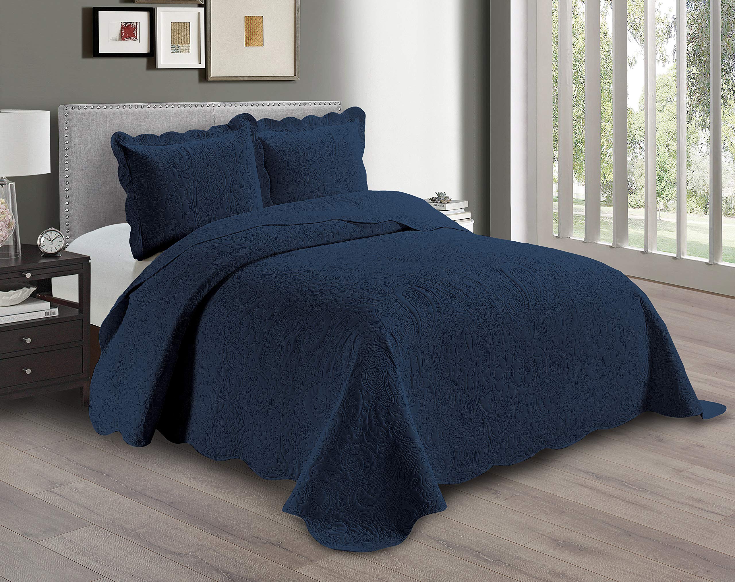 Linen Plus Embossed Coverlet Bedspread Set Oversized Solid Navy Blue Full/Queen Bed Cover Bedding New # Dana Image