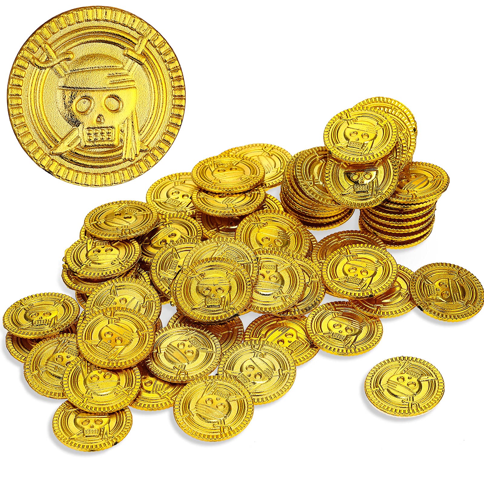 Aoriher 50 Pieces Plastic Coin Pirate Treasure Fake Hunt Chest Coin for Pirate Treasure Hunt Theme Party Supply Favor Bag(1 x 1 x 0.07 Inch,Gold)
