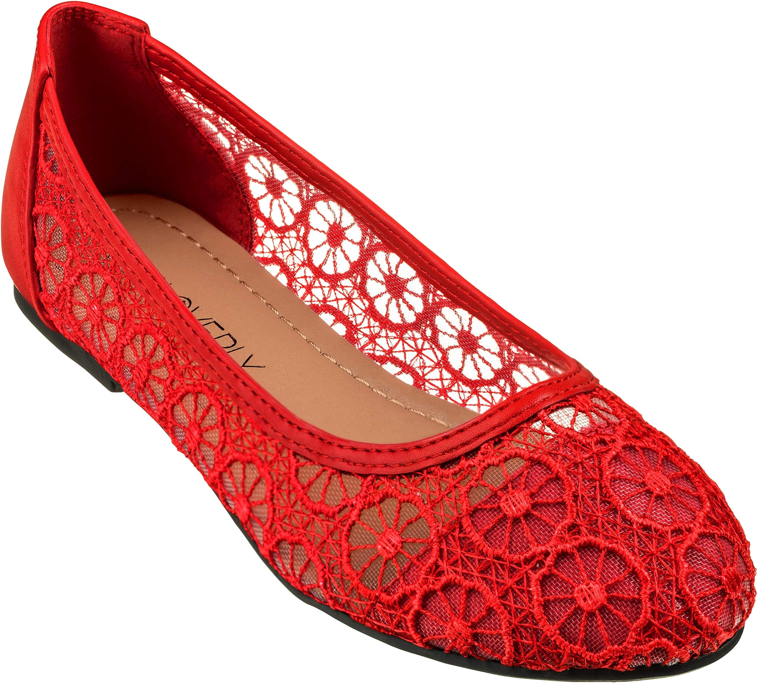 CLOVERLYWomen's Ballet Shoe Floral Breathable Crochet Lace Ballet Flats (8 M US, Red)