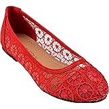 CLOVERLYWomen's Ballet Shoe Floral Breathable Crochet Lace Ballet Flats (8 M US, Red)