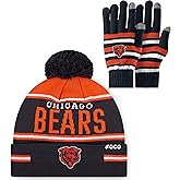 FOCO NFL unisex-adult Nfl Team Logo Adult Stretch Gloves With Big Wordmark Strip Pom Knit Hat Beanie Set