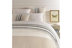 Pine Cone Hill Linen Chenille Stripe Duvet Cover, Full/Queen Size, Neutral/Black Stripe Pattern