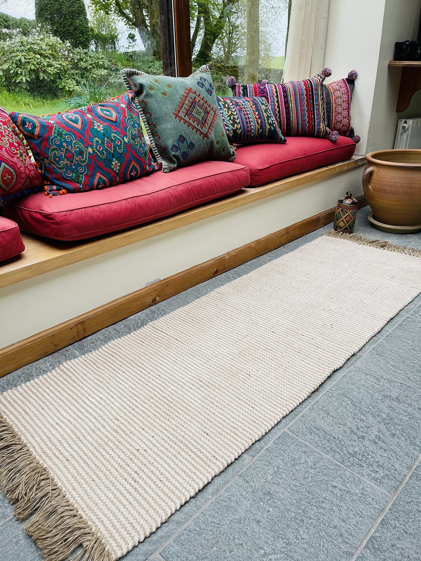 Second Nature Online Colva Thin Rug Pale Two Tone Natural Oatmeal Beige Stripe Flat Weave of Cotton Jute Yarn (70cm x 200cm)