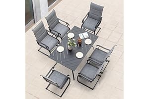 NUU GARDEN 7 Piece Outdoor Dining Set, 6 All Weather Padded Textilene Patio Chairs and 61" Rectangular Dining Table with 1.77" Umbrella Hole, for Garden, Patio, Light Grey and Black