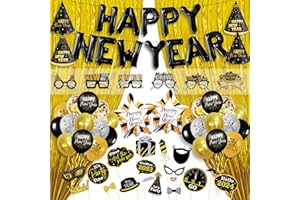 KatchOn, New Years Eve Party Supplies 2024, Huge, Set of 116 | Happy New Year Banner Balloons, New Years Eve Balloons | Gold Fringe Curtain Backdrop | New Years Props, New Years Glasses, New Year Hats