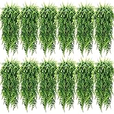 Geosar 12 Pcs Artificial Hanging Plants 32 Inch Hanging Boston Ferns Plastic Fake Plants for Wall Room Garden Wedding Garland Indoor Outdoor Decoration, No Basket