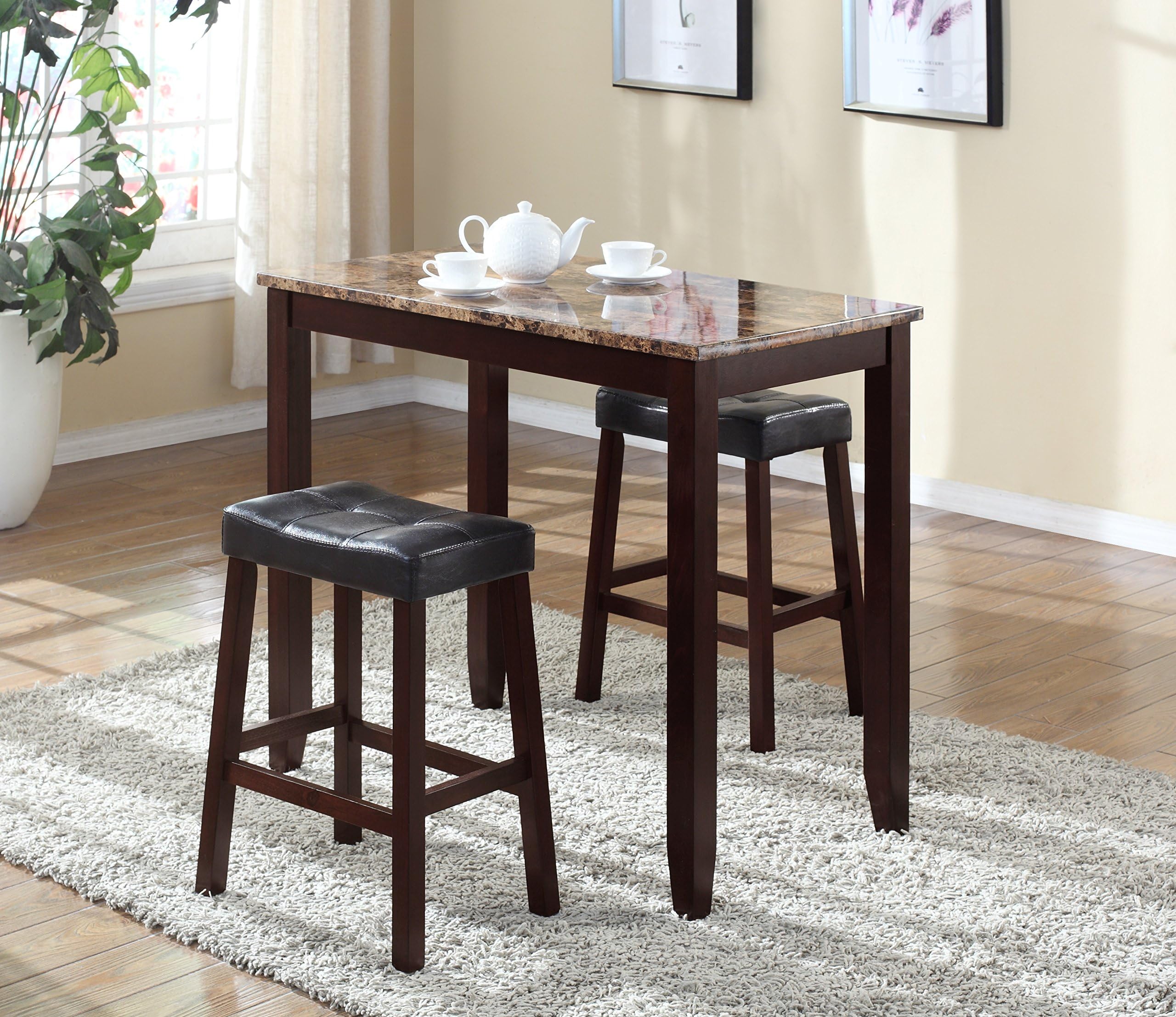 Roundhill 3-Piece Counter Height Glossy Print Marble Breakfast Table with Stools
