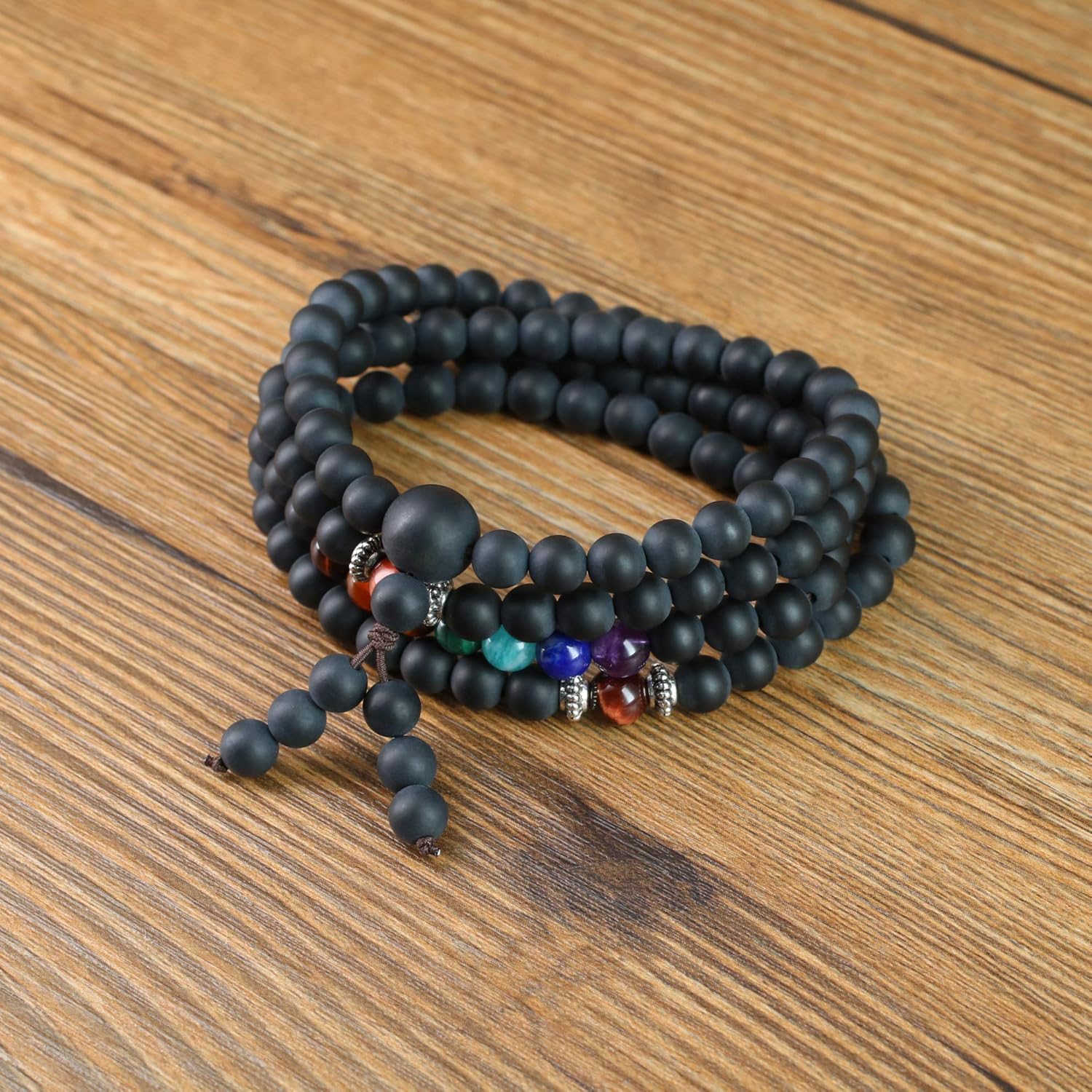 COAI 108 Japa Mala 7 Chakra Onyx Stone Wrap Bracelet Necklace, Black, 28.5 inches - Image 4