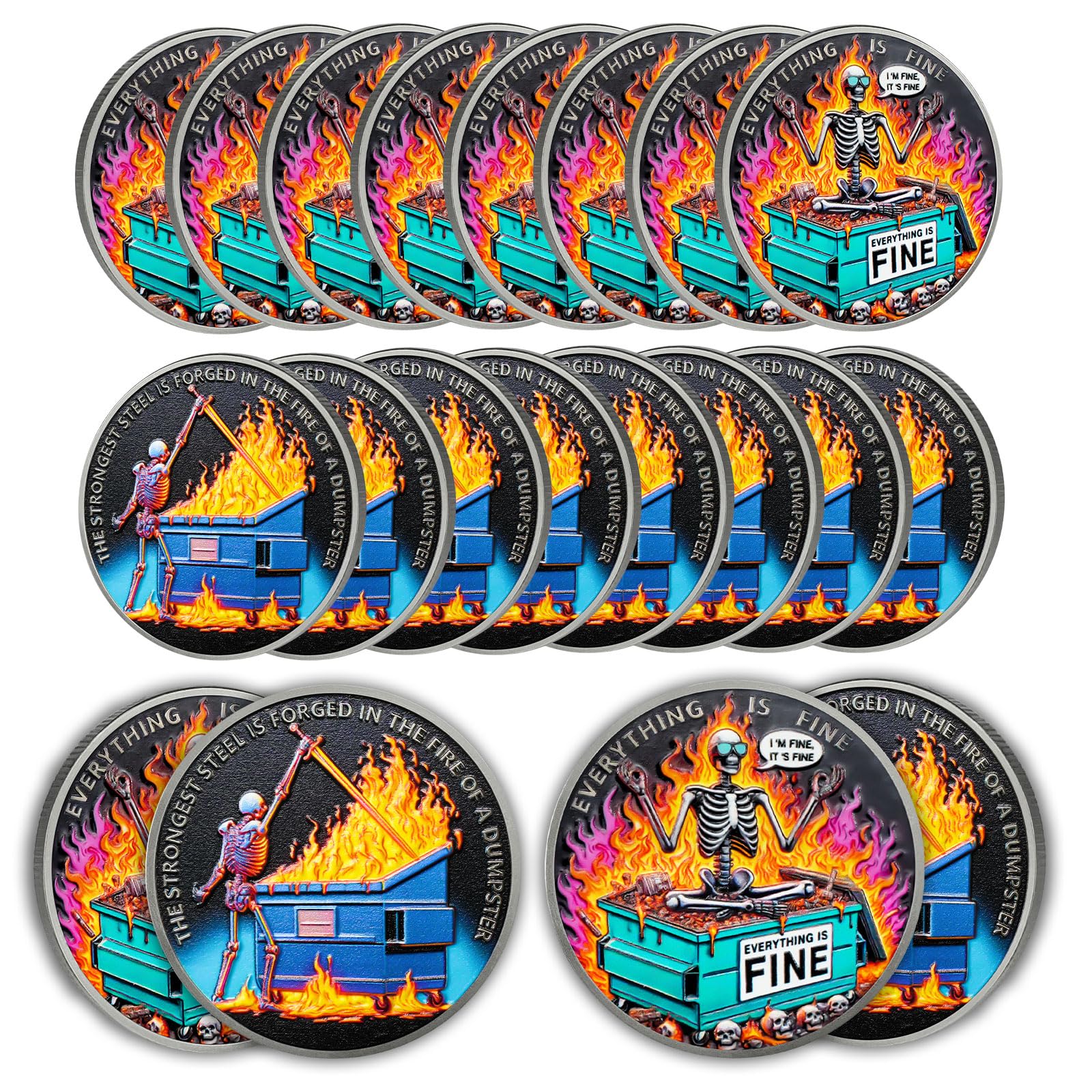 20Pcs Sunglasses Skeleton Dumpster Fire Coin, Forging Steel Dumpster Fire Challenge Coin - Funny Office Desk Accessories - Novelty Coins Pocket Token - Inspirational Office Gifts for Men Women
