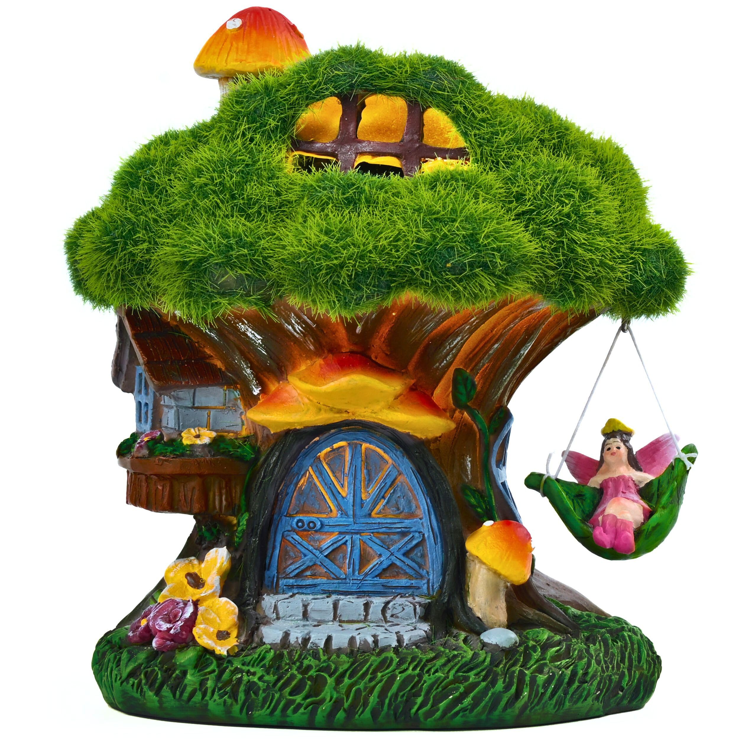 TERESA'S COLLECTIONS Garden Ornaments Outdoors, Solar Green Tree House with Swinging Fairy, Waterproof Resin Fairy House Ornaments, Indoor Outdoor 13CM