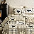 Wake In Cloud - Rustic Quilt Set, Cabin Lodge Christmas Bear Moose Deer Woodland Western Patchwork Country, Reversible Lightweight Bedspread Coverlet, 3 Pieces, Tan Cream, Twin/Twin XL Size