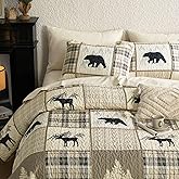 Wake In Cloud - Rustic Quilt Set, Cabin Lodge Christmas Bear Moose Deer Woodland Western Patchwork Country, Reversible Lightweight Bedspread Coverlet, 3 Pieces, Tan Cream, Queen/Full Size