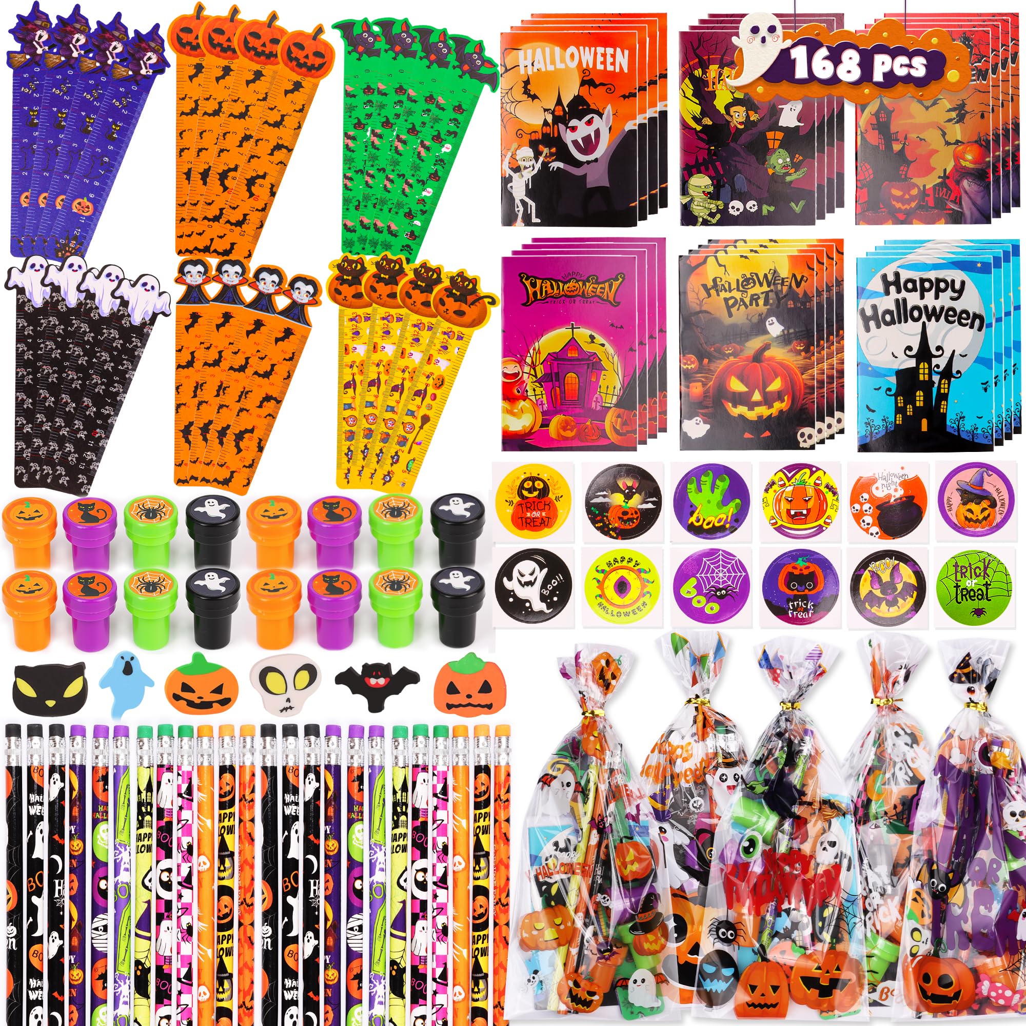 View 1 of 168 PCS Halloween Party Favors for Kids, 24 Pack Halloween Stationery Set Trick or Treat Gifts, Halloween Theme Stationery Set Carnival Game Prizes, Goodie Bag Fillers, Classroom School Party Supplies