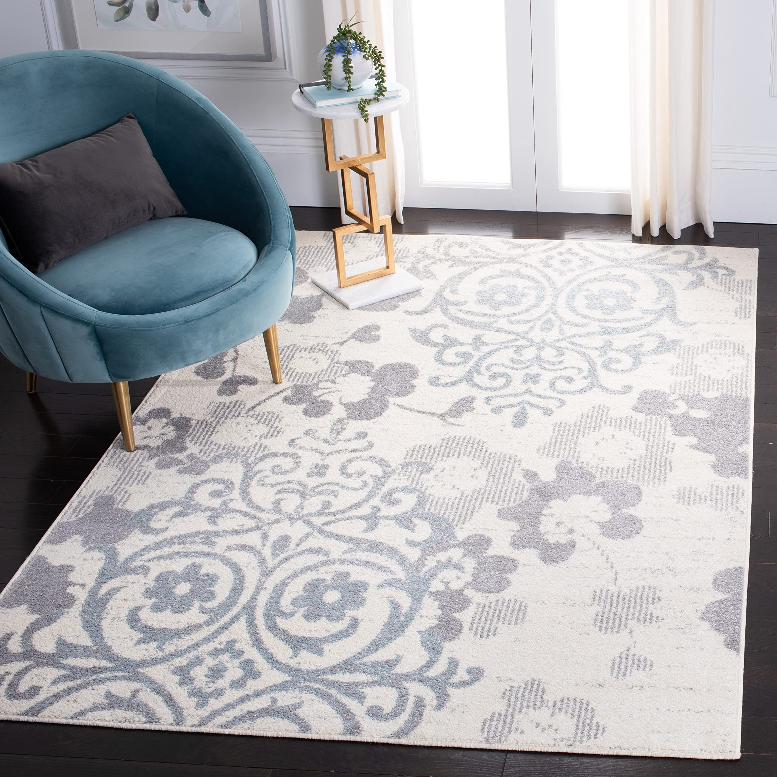 SAFAVIEH Adirondack Collection Area Rug - 9' x 12', Ivory & Grey, Floral Glam Damask Distressed Design, Non-Shedding & Easy Care, Ideal for High Traffic Areas in Living Room, Bedroom (ADR114C) Image