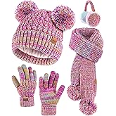 HONGTEYA 4PCS Kids Winter Hat Gloves Scarf Earmuffs Set, Girls Toddler Winter Hat Beanie Fleece Lined Warm