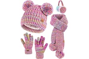 HONGTEYA 4PCS Kids Winter Hat Gloves Scarf Earmuffs Set, Girls Toddler Winter Hat Beanie Fleece Lined Warm