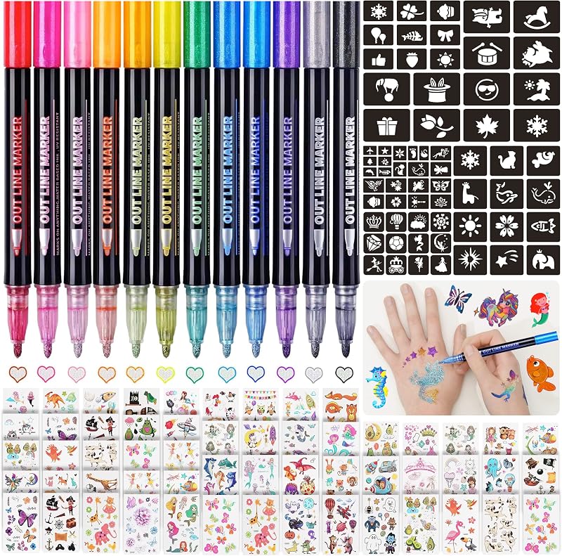 FACEGEM LONDON Glitter Tattoo Kit Kids Temporary Markers Stencils Party Gift