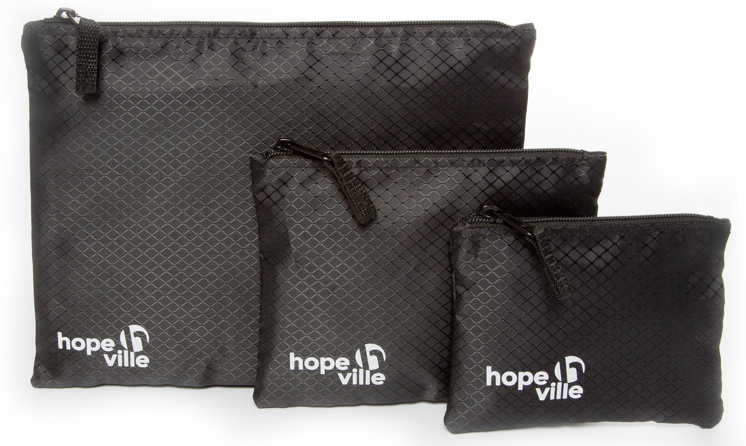 HOPEVILLE Travel Organizer Set, 3 different large zipper bags for travel documents and travel accessories, Premium mesh pouch for luggage, handbag and backpack (Black)