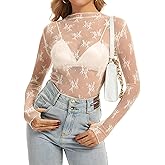 VELISDE Women's Long Sleeve Lace Tops Mesh Tops Sheer Layering Top Sexy Mock Neck Floral See Through Shirt Blouse