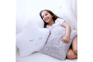 Perfectto Design Set of 2 Decorative Pillows for Girls Toddler Kids Room, White Fluffy Star and Furry Grey, Soft Plush Throw Pillows Bedroom Décor Pillows for Princess Teepee