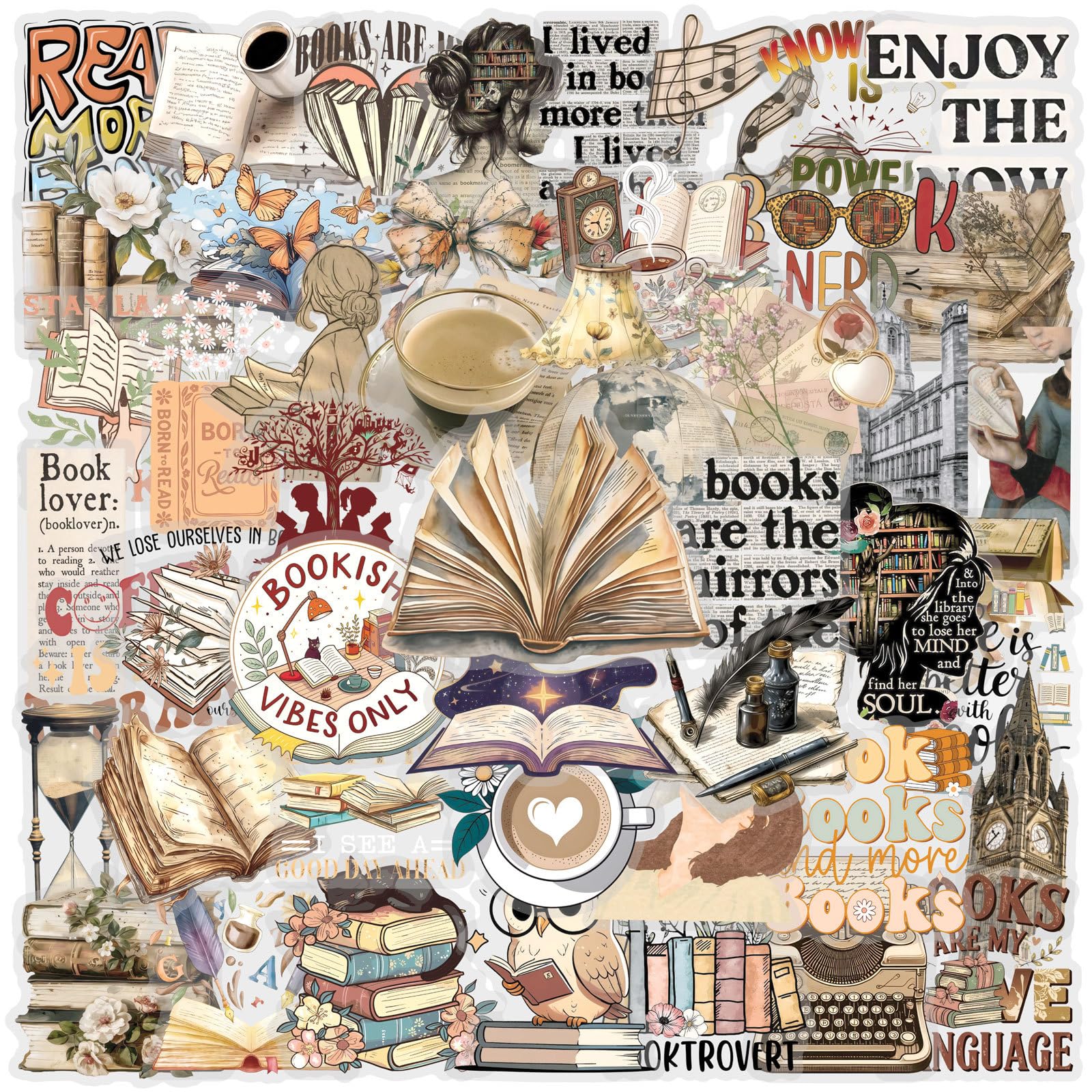 50 Pieces Retro Reading Stickers for Water Bottle|Transparent Vinyl Waterproof Sticker Laptop Skateboard Phone Car Decals for Teens Adults Party Favors Supplies Decor (Vintage Decals)